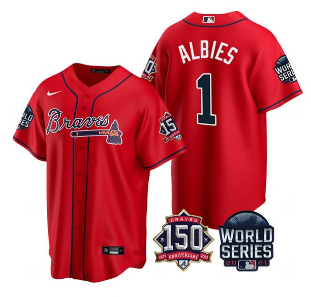 Men's Atlanta Braves #1 Ozzie Albies 2021 Red World Series With 150th Anniversary Patch Cool Base Stitched Jersey